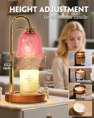 Funistree Candle Warmer Lamp, Gold Candle Lamp Warmer with Timer & Dimmer with 2 Bulbs, Birthday Gifts for Women Mom, New Home Bedroom Decor, Height Adjustable - color: Pink