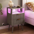 JOONEE Nightstand with Charging Station and LED Lights,Modern Bedside Table with 2 Storage Drawer and Open Wood Shelf, for Bedroom and Small Spaces,Night Stand with Solid Wood Legs,GreyOak - color: Greyoak