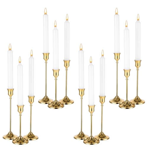 12 Pack Brass Golden Candlestick Holders, Vintage Taper Candle Holders Set in 3 Sizes for Dining Table, Fireplace, Party Decor - color: Golden