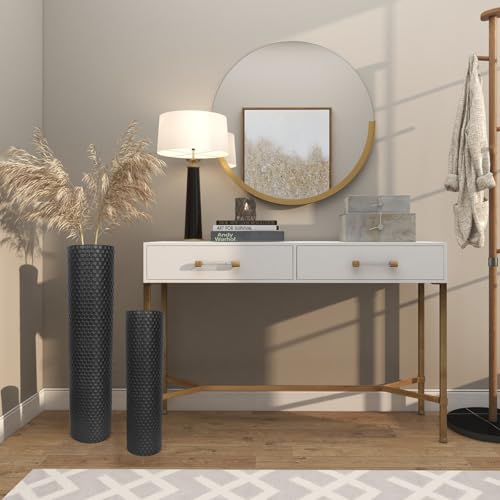Set of 2 Black Cylinder Floor Standing Vases Large 27/21in Tall Metal Decorative Vase Honeycomb Texture Modern Home Decor for Dining Room Living Bedroom Hallway Corner