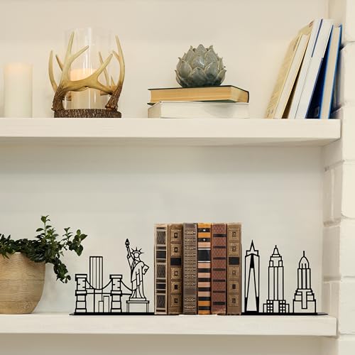 Metal City Skyline Modern Bookends, New York Themed Decorations, NYC Skyline Souvenirs - color: New York