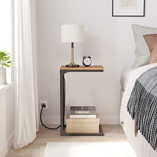 TUTOTAK C Shaped End Table with Charging Station, Side Table for Sofa, Couch Table with Storage Bag, TV Tray with 2 USB Ports and Outlets for Living Room, Bedroom, Brown TB01BB024 - color: Brown, size: 1 Pack (11.8"W), style: With Plug