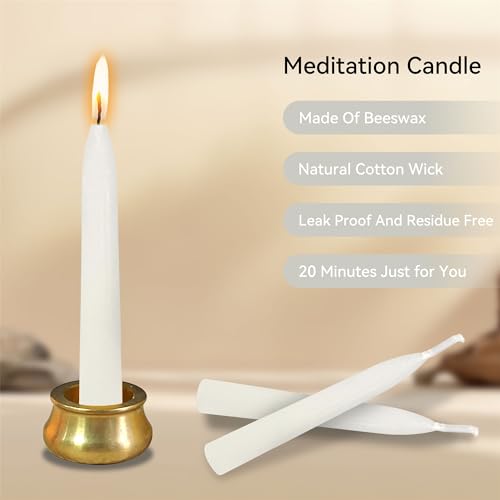 Mini Taper Candle Meditation Candles,White 20 Minute Prayer Candlestick Dripless Beeswax Candles with Brass Candle Holder for Yoga & Spiritual Rituals,30-WHI - color: MCBEE30PC-WHITE