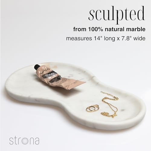 Large Curved Edge Marble Tray 14" x 7.8" – Natural Stone Vanity Tray for Perfume & Jewelry, Elegant White Marble Decor for Bathroom Countertop & Kitchen Counter, Modern Catchall for Keys & Candles