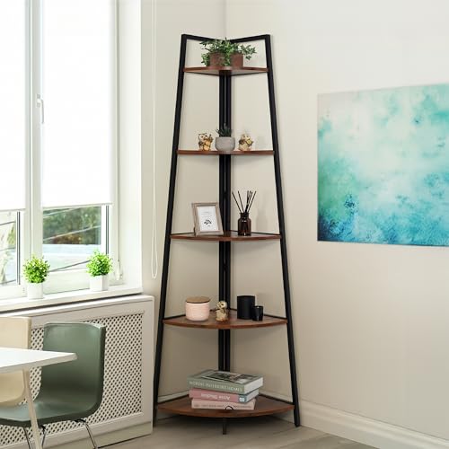CAPHAUS Tall Corner Shelf Stand, 5-Tier Display Shelves, Ladder Corner Wood Storage Plant Bookshelf with Metal Frame, Versatile Shelving Unit Bookcase for Home Office Space, Rustic Oak - color: Rustic Oak, size: 5-Tier