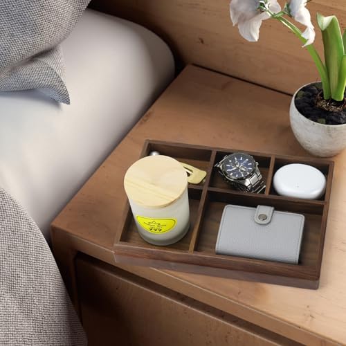 MultiBey 5-Slot Walnut Valet Tray Organizer | Wooden Valets Tray for Nightstand, Dresser & Desk |EDC Catchall Trays with 5 Sections for Jewelry, Wallet, Watch, Keys, Earbuds (Walnut) - color: Walnut - 5 Compartments
