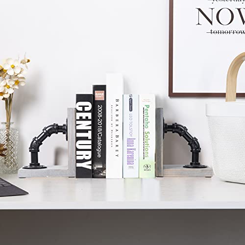 Rustic Decorative Wooden Tabletop Farmhouse Bookends for Heavy Books with Modern Industrial-Style Pipe Office Desktop Bookshelf Organizers Holder Nonskid Shelf Decor for Home Office 1-Pair (Grey) - color: Gray