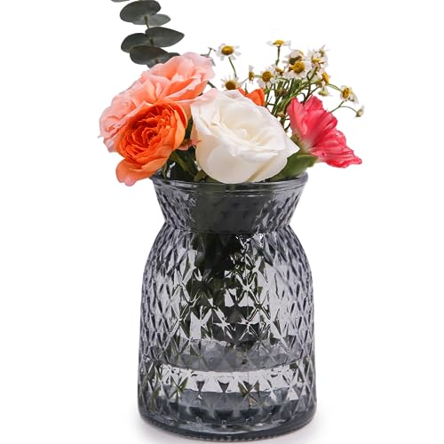 OFFIDIX Glass Vase, 6.2 * 3.5in Large Mouth Shape Geometric Faceted Design Flower Vase for Weddings,Events,Decorating,Office,Home Decor - color: Grey-2