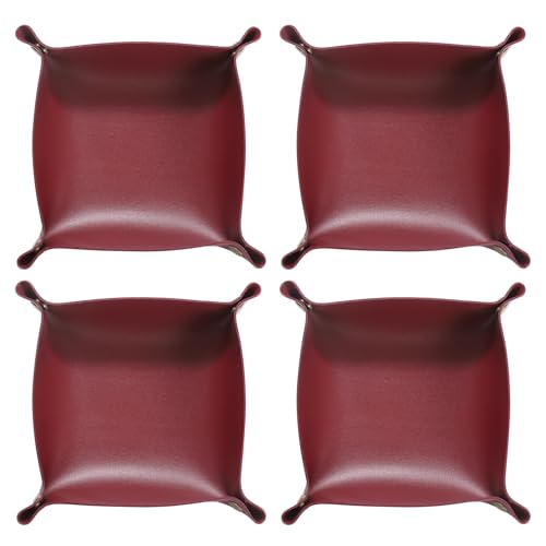 HARFINGTON 4pcs PU Leather Valet Tray Unisex Folding Small Catchall Tray Portable Entryway Table Tray Nightstand Bedside Desk Tray for Key Wallet Watch Coin Jewelry Dice, Wine Red - color: Wine Red