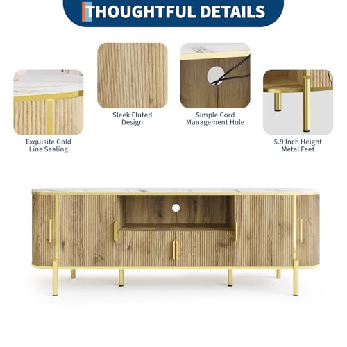 Luxury 70 in Fluted TV Stand with Faux Marble Top, Entertainment Center for TVs Up to 80 in, Wood Media Console with Curved Profile Sliding Doors and Adjustable Shelves for Living Room- Natural Oak - color: Natural Oak