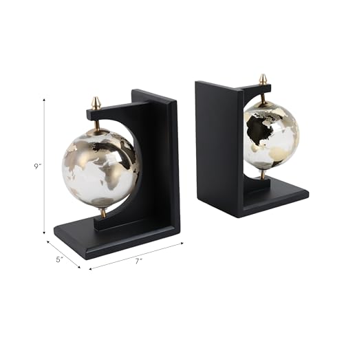 Modern Glass Globe Bookends with Wood Base - Decorative Book Accessories and Home Library Shelf Decor - Sculptural Book Ends for Stylish Bookshelf, Office Accent, or Desk Decor - Set of 2, 9", Black