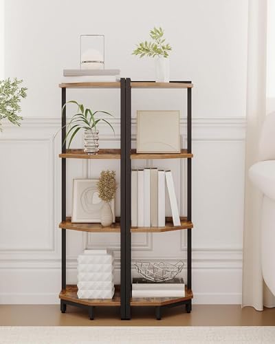 Hzuaneri Corner Shelf Stand, Corner Bookshelf, Storage Standing Shelf Unit with Metal Frame, Plant Stand, Bookcase for Living Room, Home Office, Bedroom, 4-Tier Rustic Brown CS05801B - color: Rustic Brown, size: 4 Tier