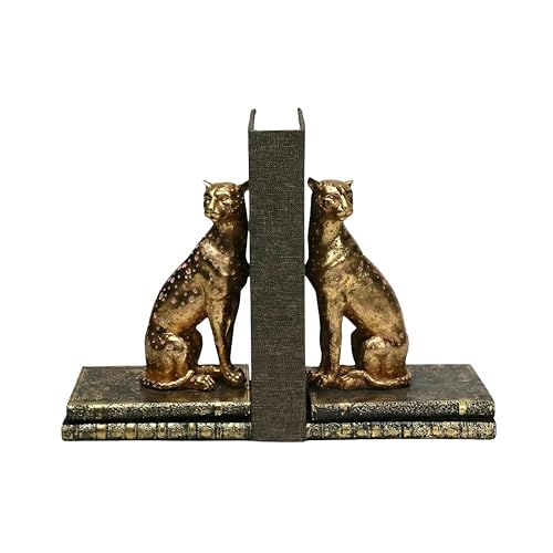 Comfy Hour 9.1" Gold Cheetah Egyptian Bastet Figurine Style Bookends, Antique Vintage Leopard Statue Home Decor, Heavy Duty Animal Book Stoppers Pair