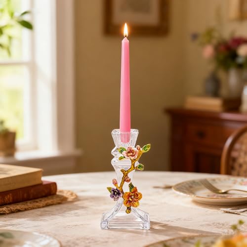 Handcrafted Enamel Glass Candle Holder – Stunning Floral Design with Begonia Flowers for Weddings, Home Décor, and Gift Giving – Unique Handcrafted Piece with Enamel Detailing