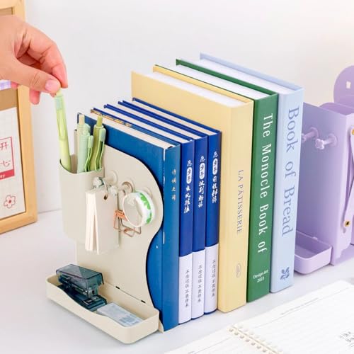 Adjustable Metal Bookends Heavy Duty for Shelves, 2 Dividers, Side Organzier, Anti-Slip Design Expandable Book Ends for Desk, Office(White, 18 inches Max)