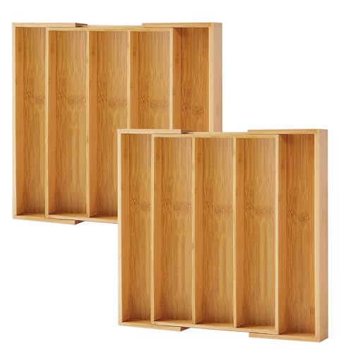 Purawood Kitchen Drawer Organizer, 2 Pack - Expandable Utensil Drawer Organizer for Kitchen, Cutlery Tray & Silverware Organizer, 3-5 Slots - Bamboo Organizer for Utensils & Flatware (Natural) - color: Natural, size: 5 Slot