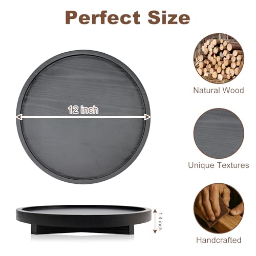 Large Decorative Wooden Tray for Kitchen Counter Bathroom Sink Vanity Trays Round Wood Riser Candle Pedestal Stand for Perfume Soap Tray Round Dining Coffee Table Modern Farmhouse Decor Tray - color: Black, size: 12 Inch