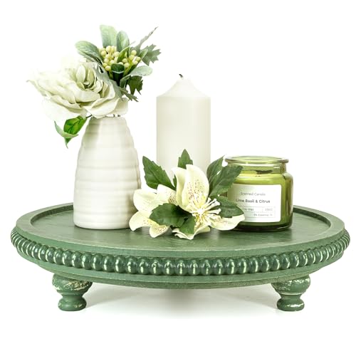 EOSAHR Round Pine Wooden Display Riser - Beaded Wood Riser for Small Plant Stand & Sink Sponge Holder, Perfume Display Stand - Rustic Kitchen Counter Organizer, Boho Chic Room Decor (Green) - color: Green