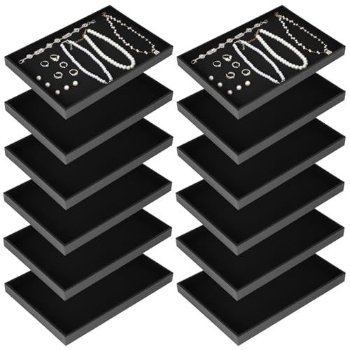 YEXEXINM 12 Pcs Velvet Stackable Jewelry Tray Showcase Display, Jewelry Organizer Trays for Drawers and Countertop, Black Empty Plates for Necklace, Ring, Bracelet, and Earring Storage Display