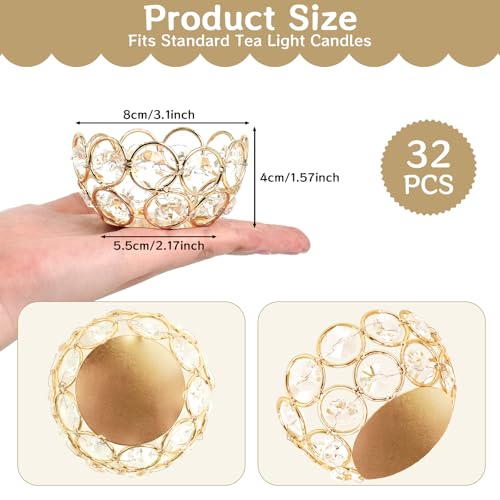 32 Pcs Tea Light Candle Holders Gold Tealight Jewel Stands Crystal Votive Candle Holders for Wedding Party Home Table Centerpiece Decor