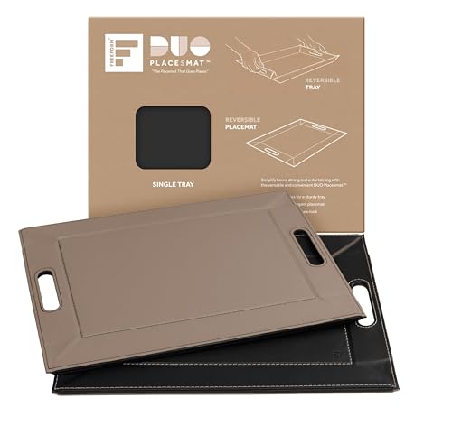FREEFORM PLACEsMAT 2-in-1 Faux Leather Placemat & Serving Tray | Reversible Design, Lays Flat & Easy to Clean | Ottoman Food Tray, Perfect Housewarming Gift, 18” x 14” (Black & Mocha, Single)