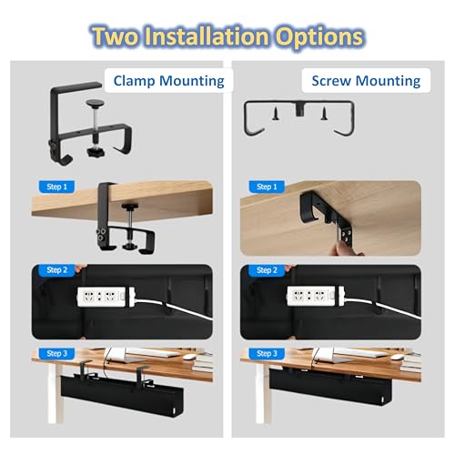36" Under Desk Cable Management Tray - No Drill Oxford Cloth Cord Organizer with Clamp & Screw Mount - Large Capacity Fabric Cable Holder for Home Office, Gaming Desk & Standing Desk (Black)