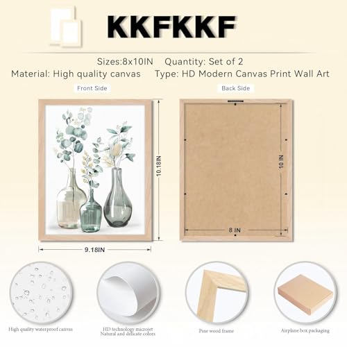 Boho Plant Wall Art Green Botanical 2Pcs Bohemain Framed Wall Printing Neutral Canvas Prints with Eucalyptus Leaf and Glass Bottle Sage Green Wall Decor For Kitchen Dining Room Living Roon Bathroom 8x10IN - color: Plant kitchen Framed, size: 10"L x 8"W