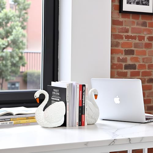 SSwan Book Ends Decorative Bookends for Shelves, Elegant Swan Bookends for Bookshelf Decor, Animal Decorative Book Stoppers for Home Office - color: Swan-white