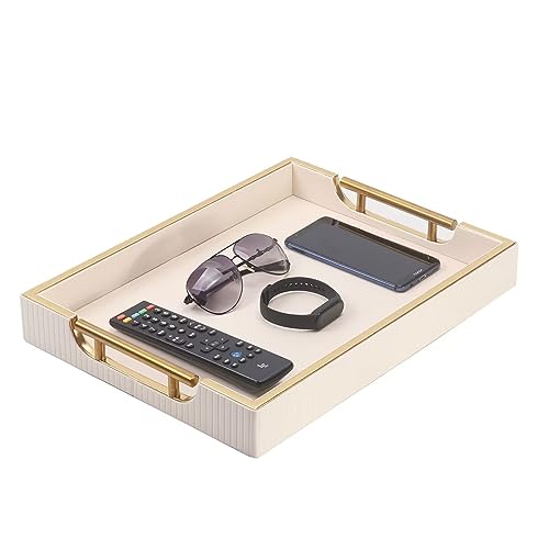 Wooden Structure Leather Decorative Tray With Brushed Champagne Gold Handle - Square Coffee Table Farmhouse Counter PU Serving Storage Tray (White) - color: White