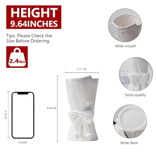 Relexome Fully Glazed White Ceramic Bow Vase 9.64 in Unique Cute Modern Decorative Bouquet Flower Vases for Home Living Room Table Decor Mother‘s Day Gifts - color: Glazed White