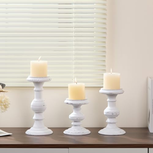 Wood Candle Holders for Pillar Candles, Set of 3 Vintage Rustic Tall Modern Farmhouse Decor, Decorative Wooden Candlestick Holder Stand for Fireplace Mantel, Table Centerpiece - White