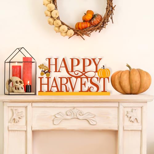 COCHIE Metal Happy Harvest Sign, Orange Fall Decorations for Home, Office, Shelf, Mantel, Indoor, Autumn Pumpkin Decoration, Hello Fall Leave Decor (Harvest) - style: Harvest