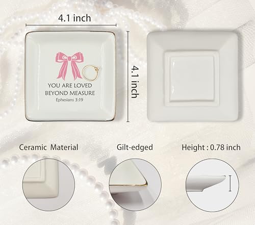 WODMIS Christian Coquette Bow Ceramic Jewelry Tray Dish, Preppy Aesthetic Ribbon Jewelry Plate Ring Trinket Dish, Trendy Bible Verse Gifts for Women Bestie Best Friends - color: Pink-4