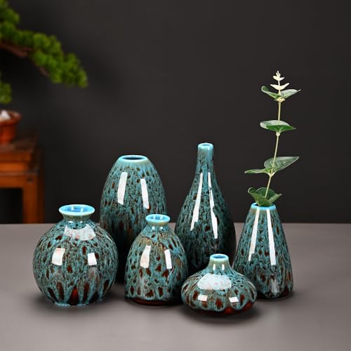 Ceramic Bud Vase Set, Fambe Blue Glazed Finish, Decorative Flower Vases (Blue-Set of 6) - color: Blue-set of 6