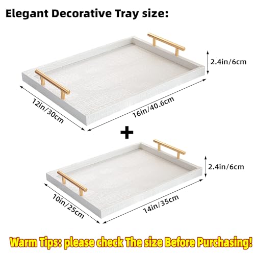 Modern Elegant Large Wood Serving Tray, Set of 2 Pearl White Crocodile Leather with Gold Polished Metal Handles, Home Decorative Rectangle Ottoman Platter Living Room Bathroom Vanity Tray - color: White
