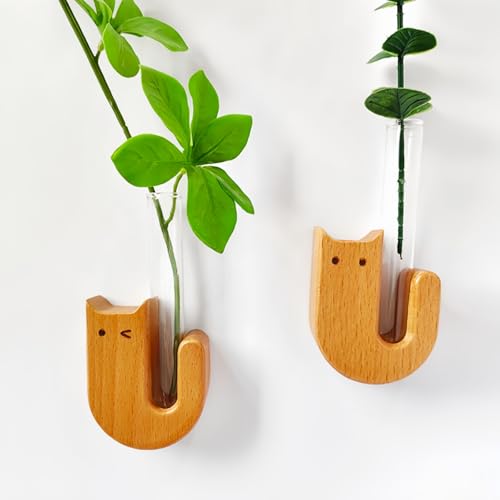 2Pcs Cute mini Glass Tube Flower Vase Magnets - Cat Whisker Holder,Tiny vase Fridge Magnets,Wooden Magnetic Cute Flower Vase,Suitable for Fresh Flowers,Herbs and Various Green Plants