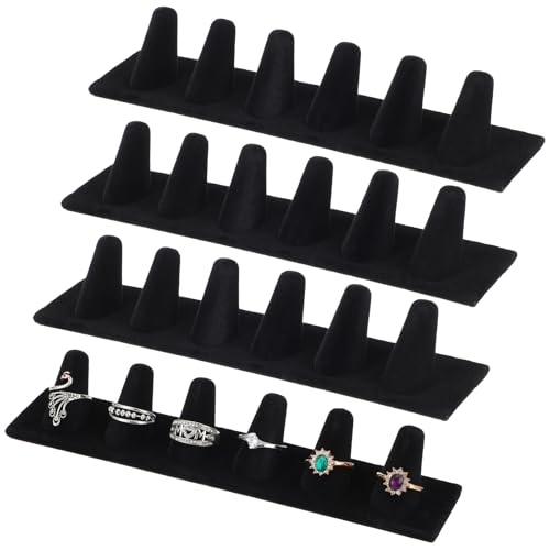 4 Pcs Black Velvet Ring Display, 6 Finger Rings Display for Ring Storage