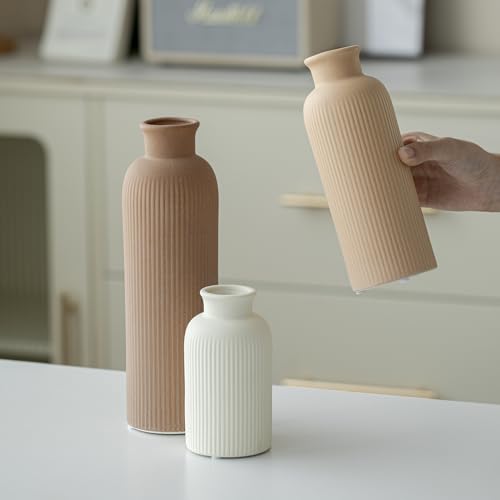 Modern Ceramic Vase Set, Earth Tone Natural Color Ribbed Matte Design, 3-Piece Decorative Vases for Home, Living Room, Office (Coffee Mix) - color: Coffee Mix