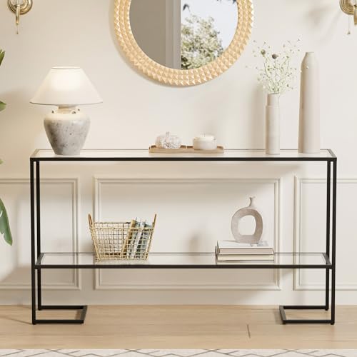 Cozy Castle 52" Entryway Table, 2-Tier Narrow Console Table with Tempered Glass & Sturdy Metal Frame, Modern Sofa Table with Storage Shelves for Entryway, Hallway, Foyer, Living Room, Black - color: Black Metal Frame