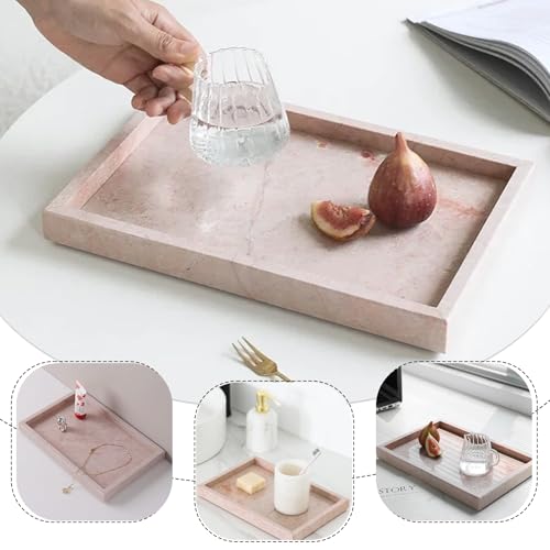 Natural Marble Tray, Stone Tray for Bedroom/Bathroom/Kitchen/Vanity Countertop, Jewelry Tray for Rings Earrings Necklace Bracelet Watch, Room Decor Aesthetic - color: Pink Travertine, size: 11.8" x 7.9" x 1.2"