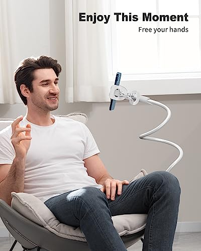 SAIJI Gooseneck Cell Phone Holder, Clamp Universal Lazy Mount Clip Hands Free Flexible Long Arm Bracket Grip for 4-7 Phones Mobile Stand Baby Monitor for Desk, Bed, Office, Kitchen (White) - color: White, size: 33.5 in