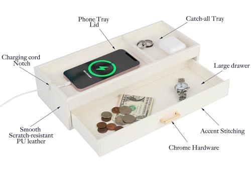 HofferRuffer Valet Jewelry Tray Organizer with Drawer, Faux Leather Storage Catchall Box Phone Charging Station Tray with Dresser Nightstand Desktop Drawer Organizer (White) - color: White