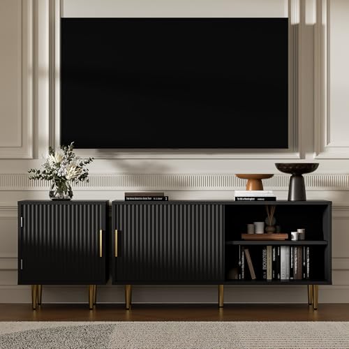 Housoul Combined Modern TV Stand for 55/60/65 inch TV, Small Fluted Entertainment Center with Adjustable Shelf, TV Media Stand with Storage Cabinet, TV Console for Living Room, Bedroom, Black - color: Black, size: 55" L