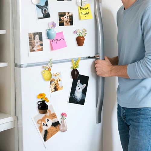 6Pcs Mini Vase Magnets for Fridge - 3D Plant Ceramic Vase Magnets with Flowers, Tiny Cute Magnetic Vases for Refrigerator Kitchen Locker Office Decoration