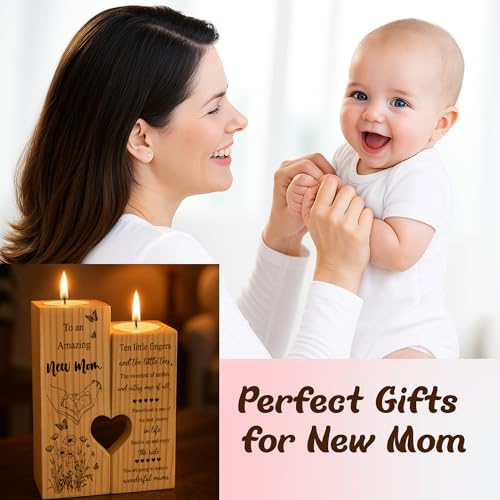 New Mom Gifts – Wooden Candle Holder with Poem – Gift for New Mom After Birth, Postpartum Gifts, Pregnancy Gifts for Expecting Mom, Push Presents, First Time Mom Gift - size: NEW MOM