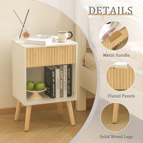 Fultyle Nightstand, Modern Bedside Table with Drawer and Open Shelf, Fluted Night Stand with Solid Wood Legs for Bedroom, Living Room, Office (White Oak) - color: White Oak