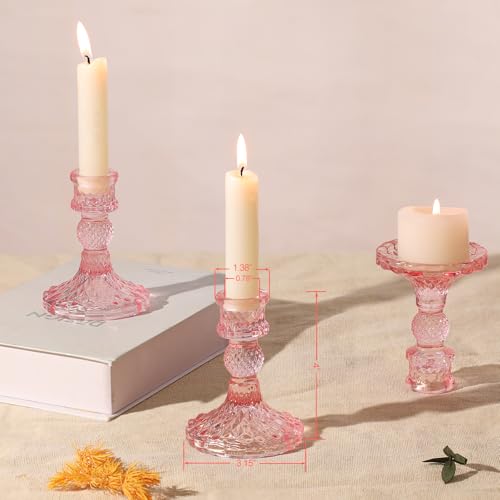 12Pcs Pink Candlestick Holders Set- 4" H Taper Candle Holders Bulk, Glass Candle Holders for Wedding, Party, Romantic Dinner Table Centerpieces, Festival Gifts & Windowsill Decor - color: Pink Dimond Pattern