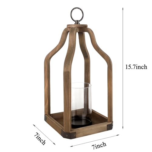 Rustic Wood Lantern Candle Holder for Farmhouse Decor - Indoor and Outdoor Table Centerpiece with Glass Hurricane, 15.7" High - size: Large