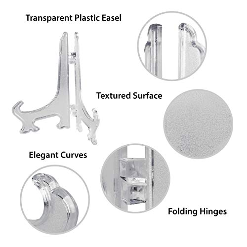 Super Z Outlet Clear Plastic Easels, 3.5” Mini Display Stands for Light Items – 3 oz Capacity Holders for Place Cards, Small Photos, Trading Cards, Table Numbers, and Crafts (12 Pack) - size: 3.5 Inch