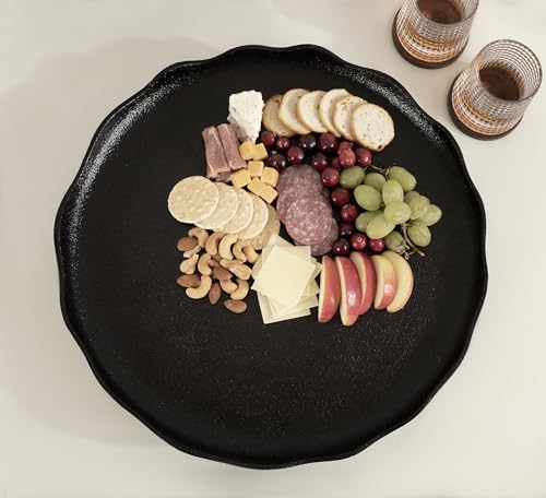 Kate and Laurel Alessia Modern Decorative Scalloped Round Footed Metal Tray; 16 Inch Diameter; Black; Transitional Food-Safe Cast Aluminum Pedestal Tray with Rough Texture and Deckled Edge - color: Black